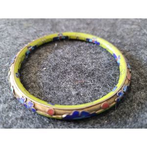 Rare Vtg Cloisonne Bracelet Champleve Blue and Green Enamel Multicolor Flower